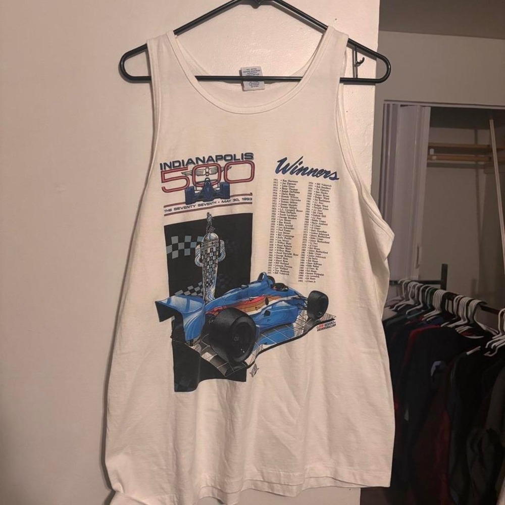 1990s Indianapolis 500 Winners Race Tank Top with blue race car graphic Size M